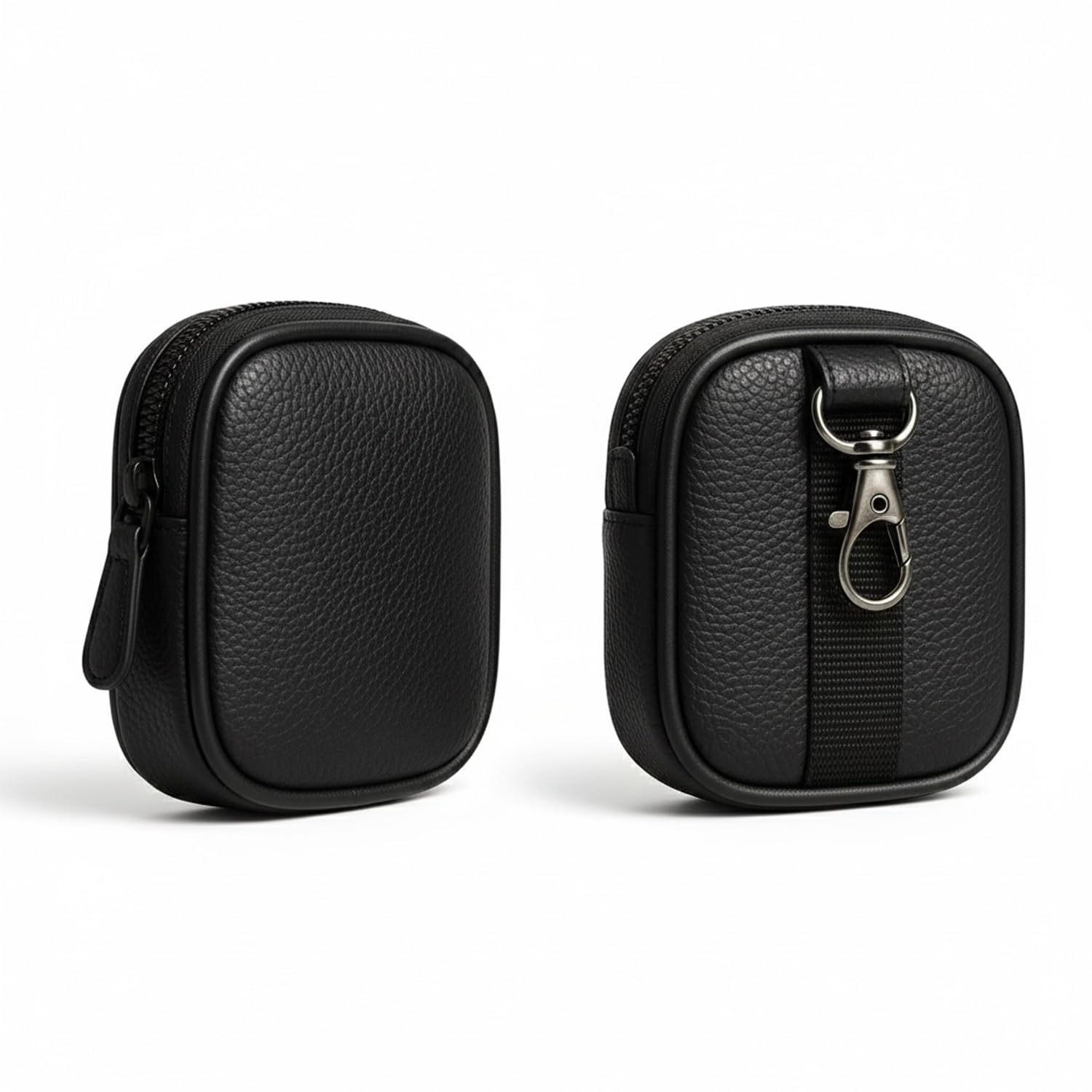 HICLE Light Brown PU Leather Earbuds Carry Case –Compact Shockproof Zipper Pouch for Wireless Earphones with Metal Clip (Black)-image-5