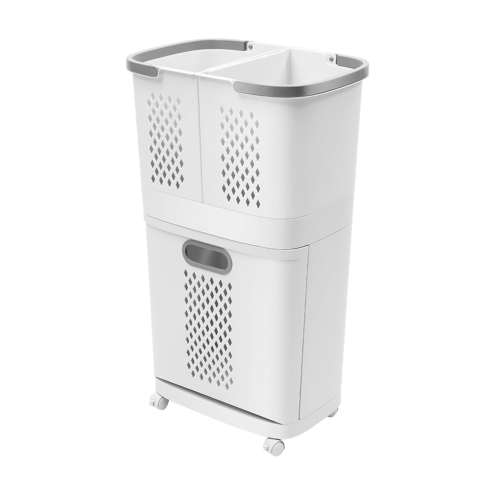 2 Tier Rolling Laundry Hamper Sorter Removable Clothes Hamper Organizer with Wheels White Portable Storage Baskets for Bedroom Laundry Room Bathroom