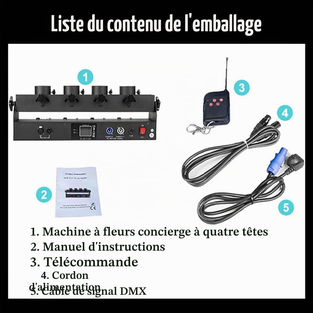 Lanceur de confettis électrique Canon à confettis à 4 coups DMX/télécommande pour mariage Disco Show Club Stage Party, machine à souffler les confettis DMX512 et télécommande