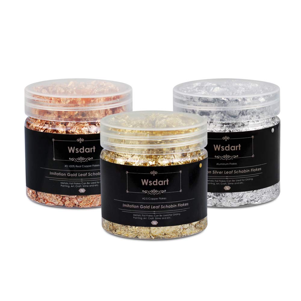 Wsdart Gilding Flakes Set - 15 Grams Color 2.5 Imitation Gold, Silver, Color 0 Real Copper Schabin Flakes, 3 Bottles Metallic Foil Flakes for Resin Art, Painting and Crafts, Nail Art