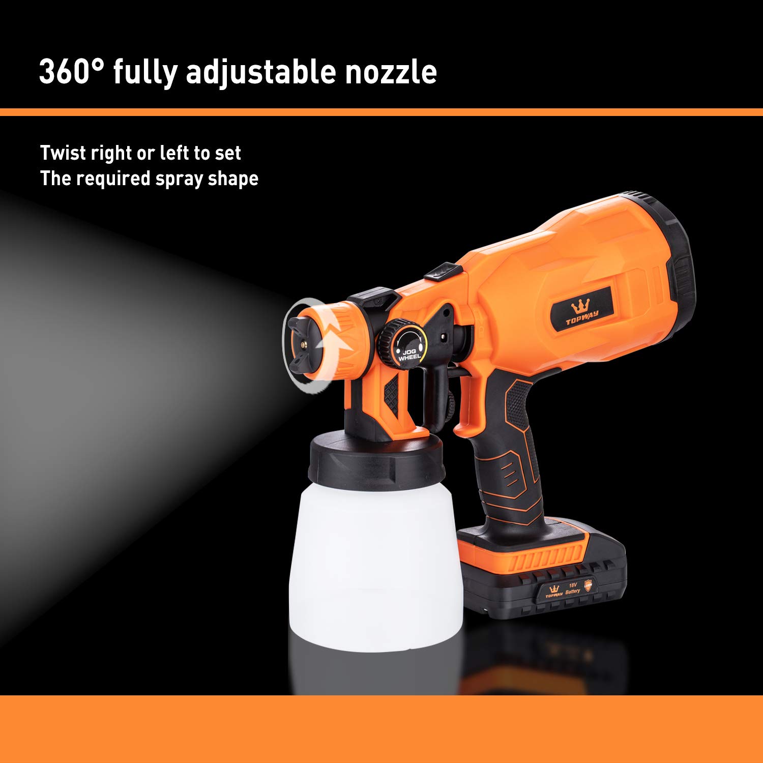 TOPWAY Pulverizador de Pintura inalámbrico de 18 V con batería, Pistola eléctrica inalámbrica de 800 ml con 2 boquillas y 3 Patrones de pulverización para Vallas, Paredes, techos, Tratamiento de