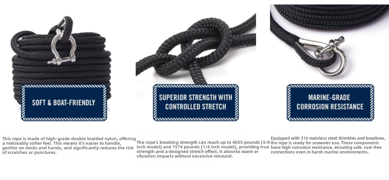 Ligne d'ancrage de bateau en nylon noir de 15,2 m, 147,3 cm pour corde d'amarrage tressée avec matériel en acier inoxydable 316 pour une utilisation marine