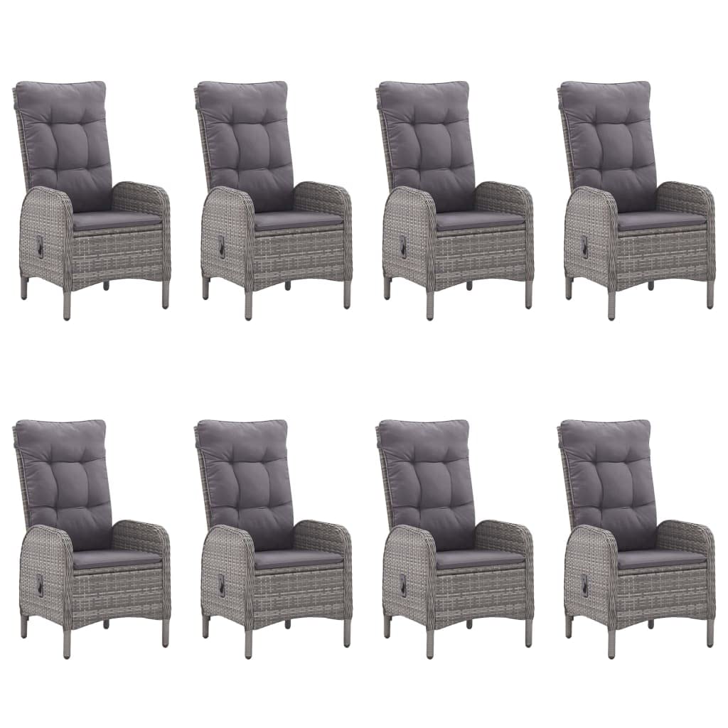 Rattan Gartenmöbel Set 8 Verstellbar Stühle mit Tisch Garten Essgruppe 8 Personen Sitzgruppe Outdoor Terassenmöbel Außen Poly Rattan und Glas-Grau-9-tlg