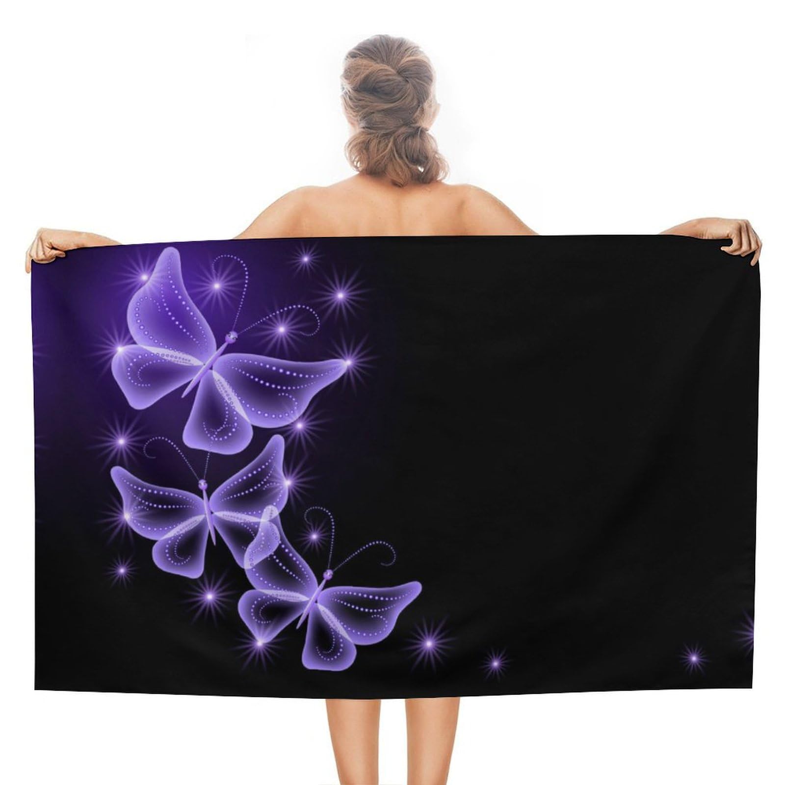 LEDFCVSU Beach Towel, Purple Butterfly Bath Towel, Absorbent Towel for Swimming, Sports, Travel