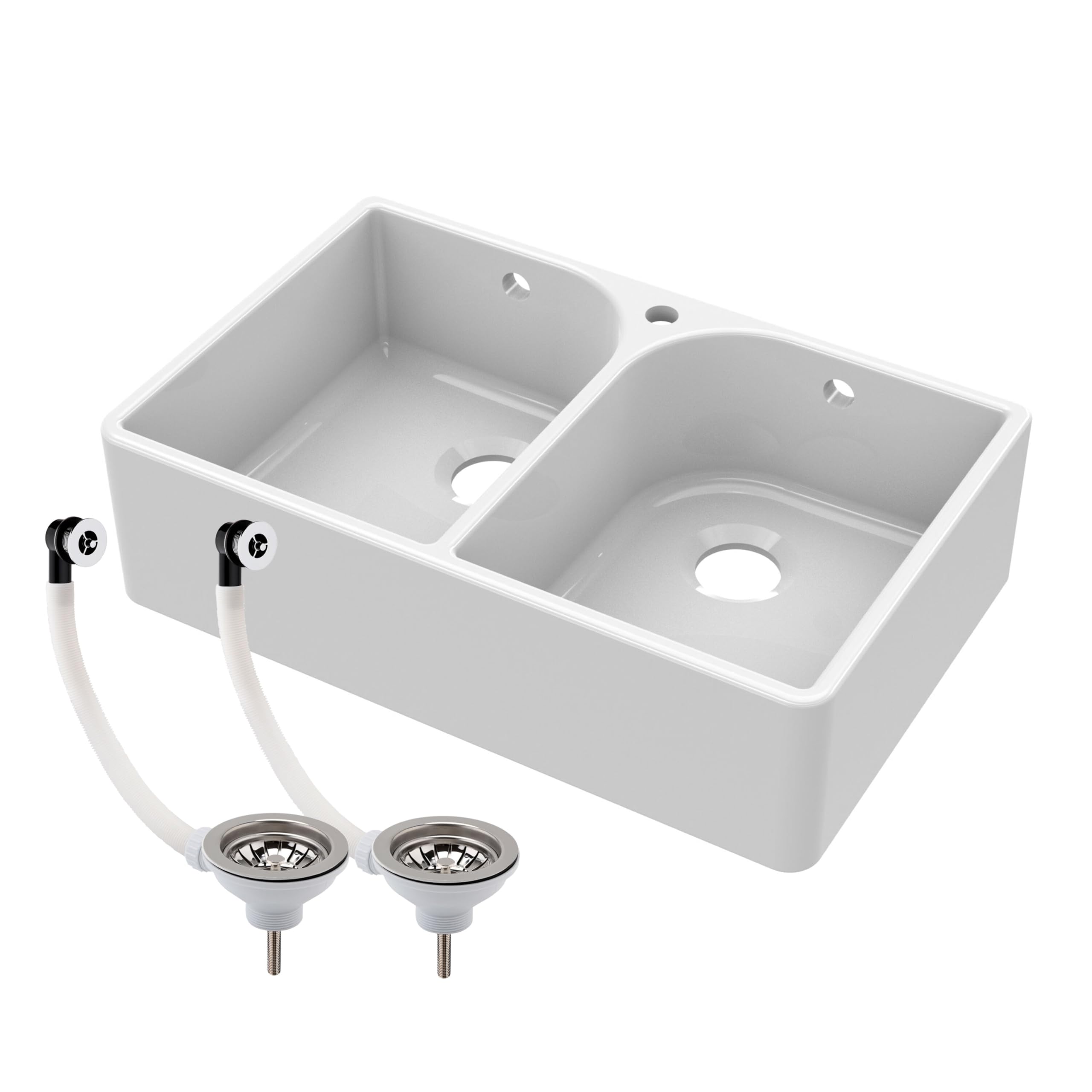 Balterley 795mm Butler White Kitchen Sink, Double Bowl Flush Weir with Tap Hole & 2 Wastes with Overflow, Durable Butler Fireclay Ceramic Kitchen Sink Bowl, Farmhouse Sinks - 795 x 500 x 220mm (White)