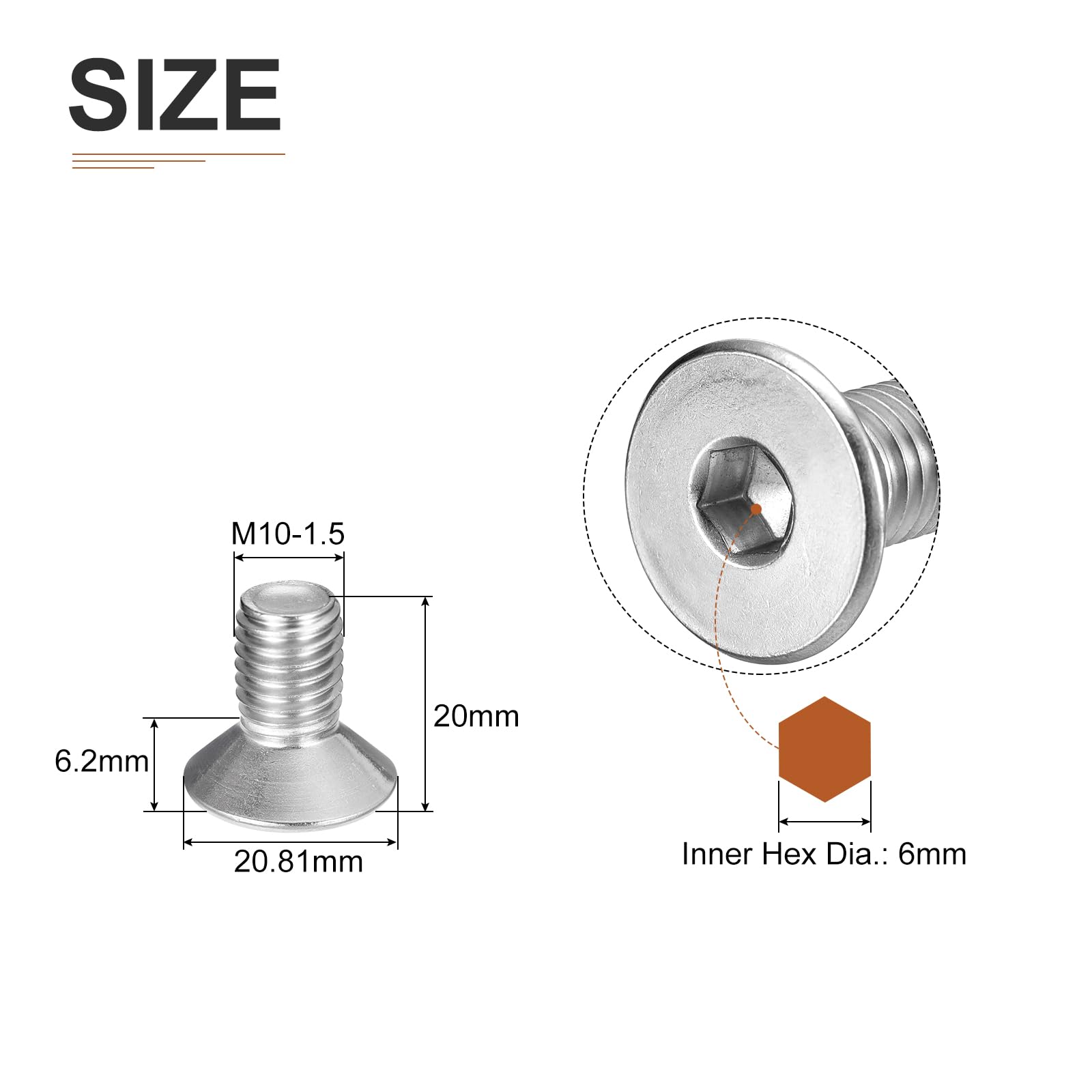 DTGN M10-1.5 x 20mm Flat Head Socket Cap Screws, 10 Pack 304 Stainless Steel Hex Socket Flat Head Screws, Full Thread - Image 2
