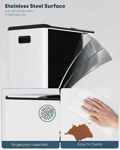 Miniatura 8 de Bote de basura doble de 16 galones (2 x 30 L), bote de basura de cocina de acero inoxidable, papelera de reciclaje con caja de control de olores,