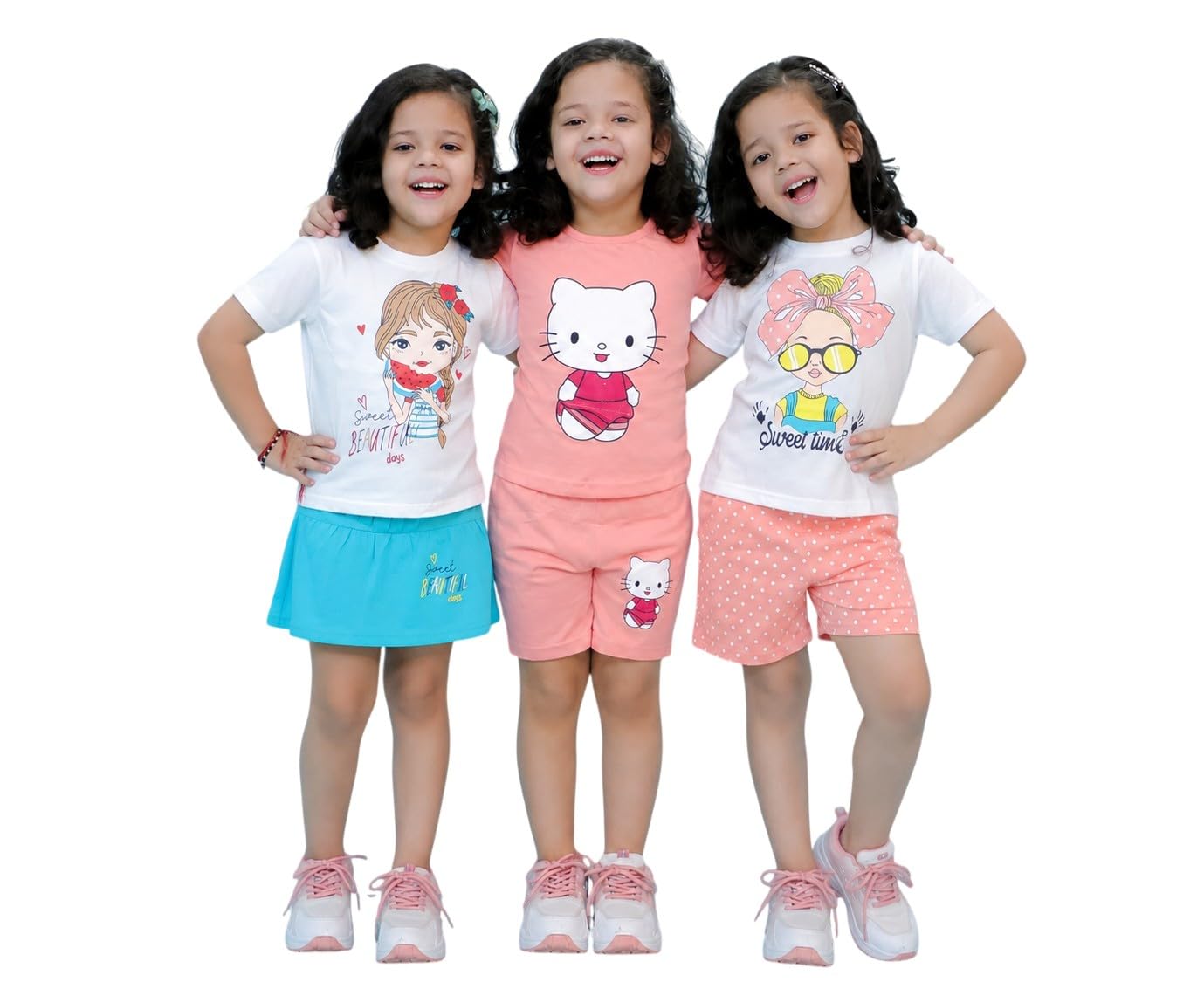 chandrika Kids Cotton Coordinated Set Pack of 3 half Sleeve And sleeveless T-Shirts & Shorts and skirt Baby Girls Summer Dress Combo-picture-32
