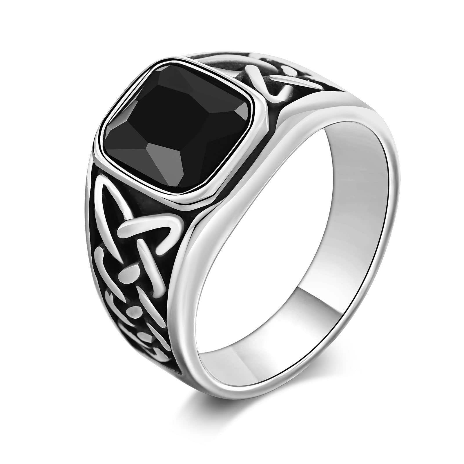 FLHEART Anillo de hombre con nudo celta – Anillo de nudo celta irlandés de acero inoxidable, anillo de piedra negra, ágata, ónice, anillos para hombres, anillo de sello para Navidad, San Valentín, boda,