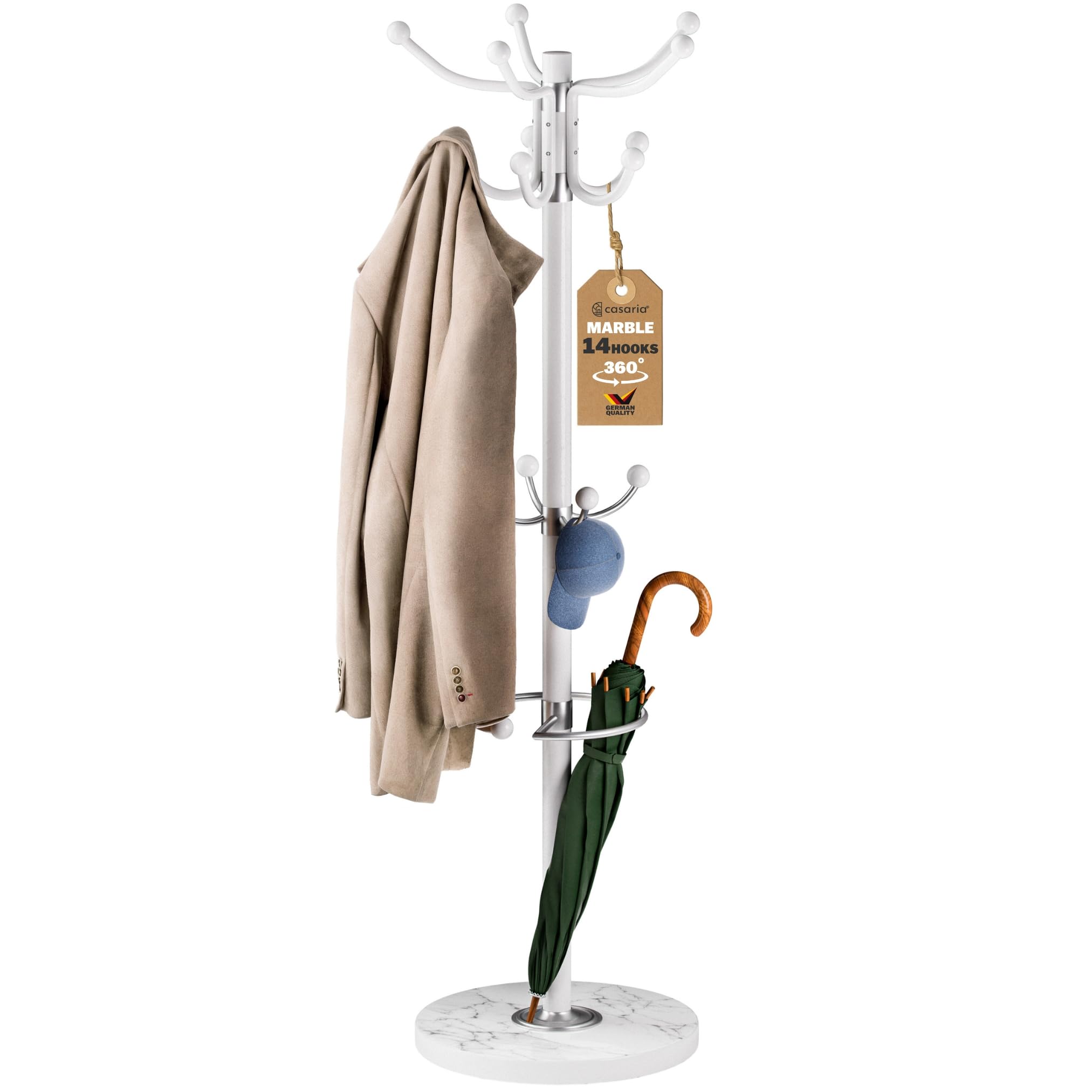 Casaria® Attaccapanni in Metallo con Base 14 Ganci Ruotabile 360° 37x37x175cm Corridoio Ufficio Appendiabiti Bianco