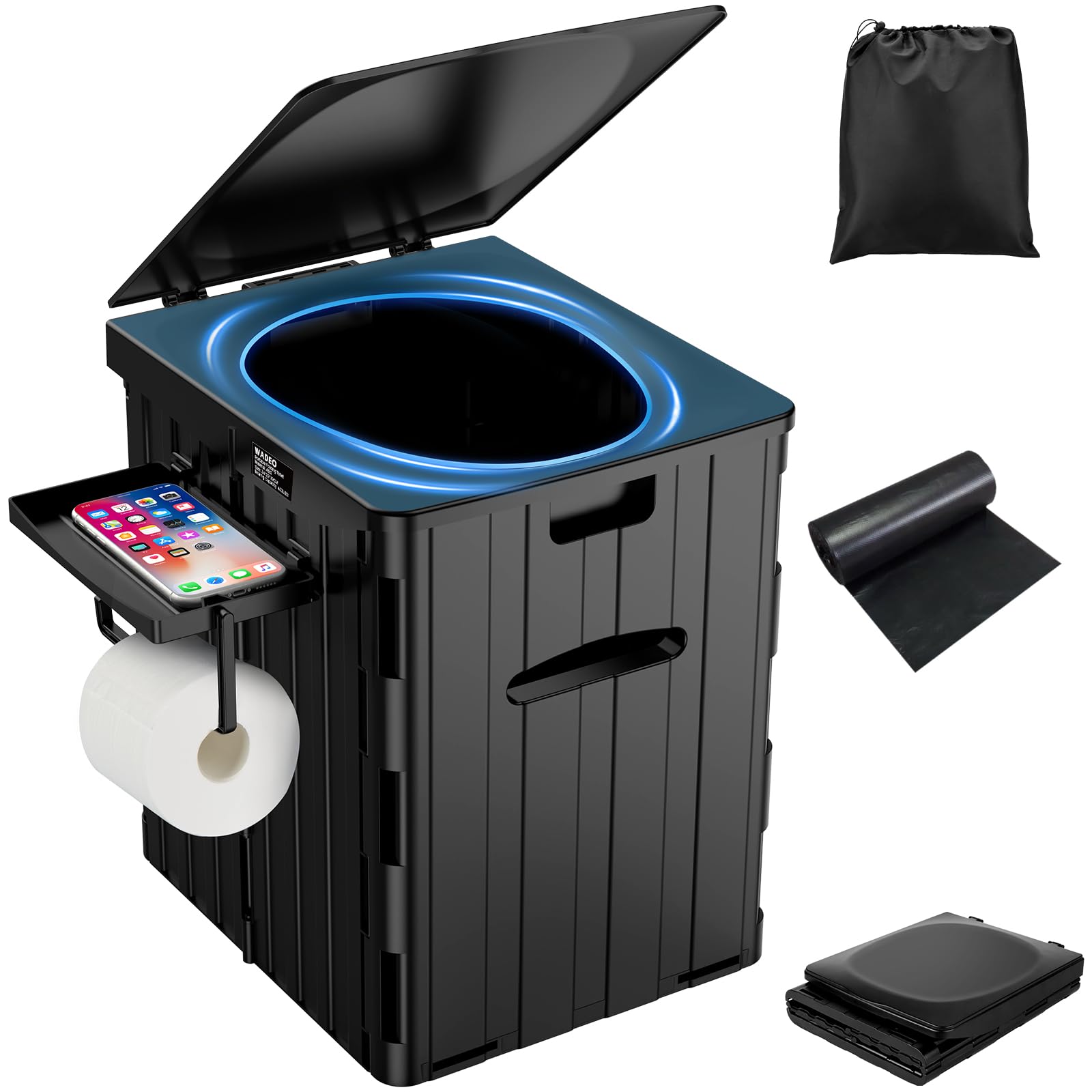 WADEO Inodoro portátil para Acampar, Inodoro Plegable para Exteriores o Interiores con Tapa, Inodoro móvil para Acampar con Soporte de Papel higiénico extraíble y Bandeja para teléfono móvil