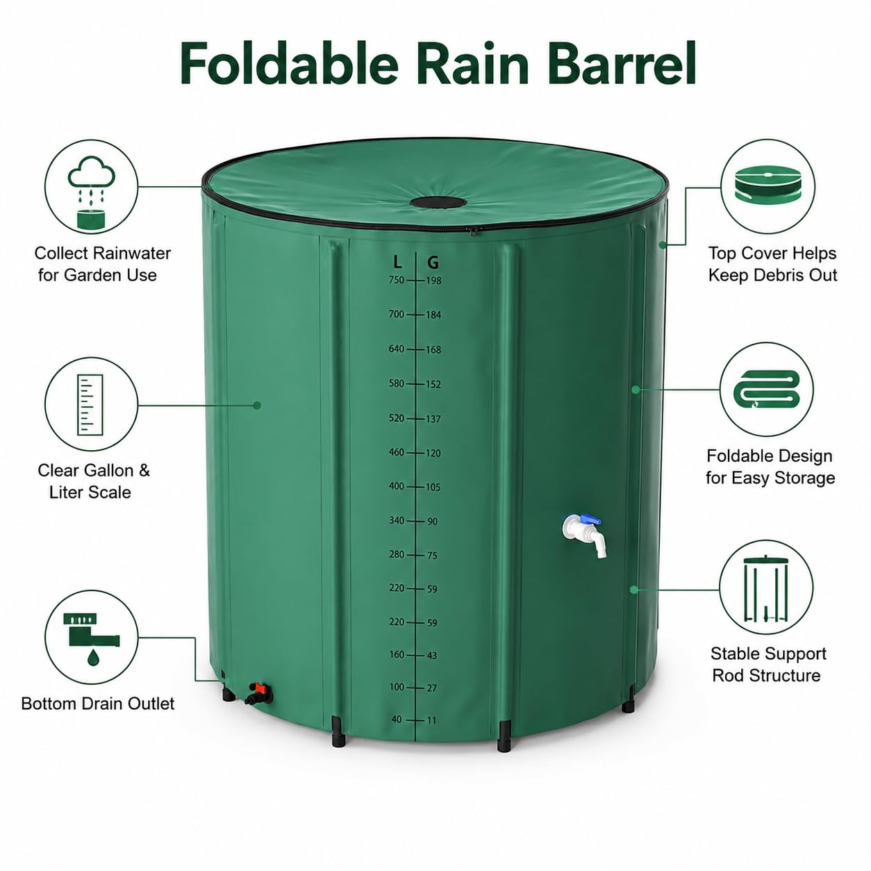 Faltbare Regentonne 200-500 Liter, Regentonne Faltbar Mit Seitlicher Skala Und Überlaufschutz, Regenwassertonne Für Garten, Balkon, Terrasse, Camping Und Outdoor, Grün (Grün,200 Liter)