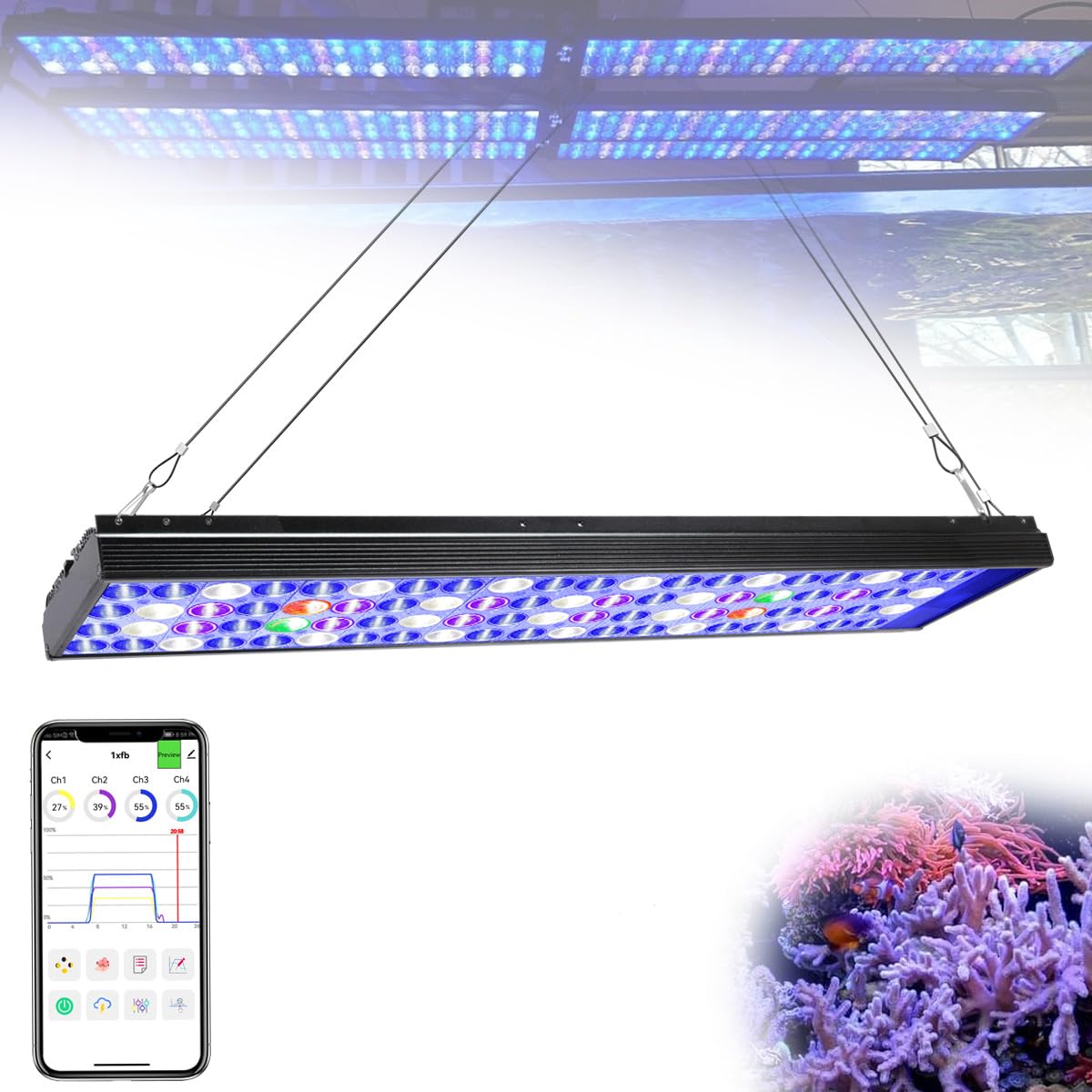 PopBloom Reef Aquarium Light Marine Full Spectrum Marine Fish Tank Lighting for 50-70cm Saltwater Fish Tanks Reef Lighting Aquarium Coral Light