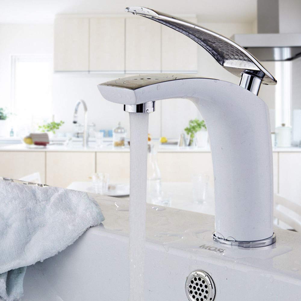 Grifo mezclador para lavabo Cromo blanco, Fregadero de baño de una sola palanca moderno Grifos de agua fría/caliente con cuerpo de grifo de latón, Acabado cromado blanco