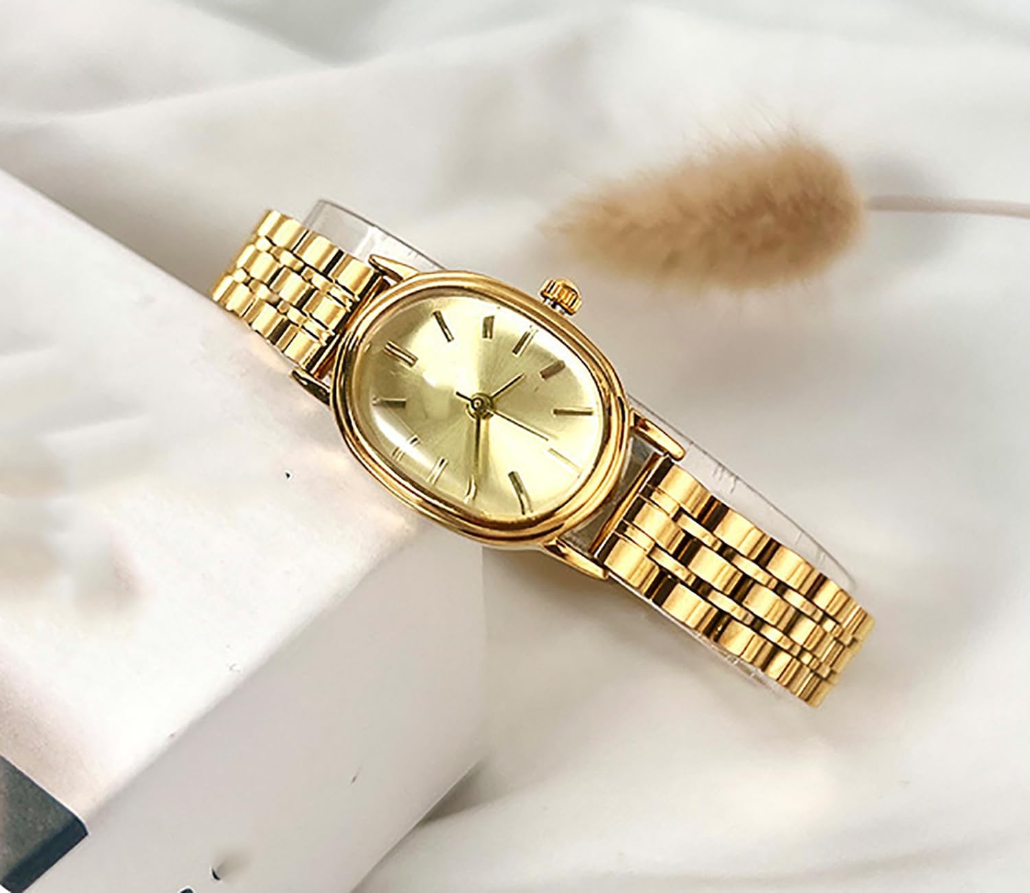 Women Small Gold Watch Watches for Oval Dial Luxur Stainless Steel Band Wrist Waterproof Quartz Watch - Image 2