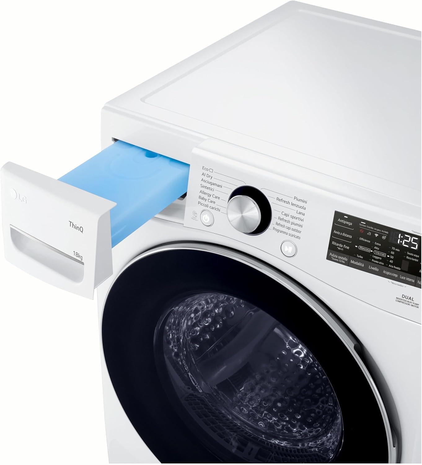 LG RH18U8AVCW Asciugatrice Smart 18kg, Classe A+++, Pompa di Calore DUAL Inverter, Motore Direct Drive, Intelligenza Artificiale AI Dry, Condensatore Autopulente, Wi-Fi, Serie U8, Bianca