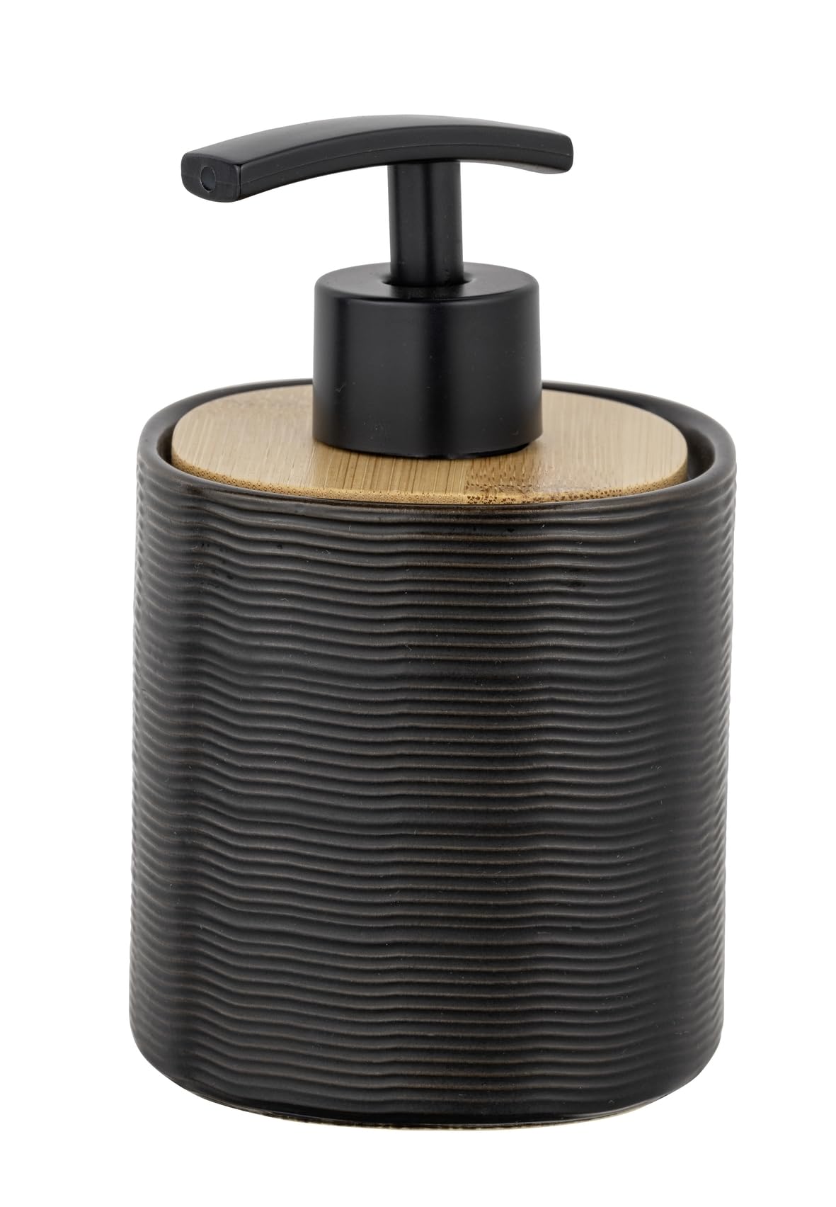 Schöner Wohnen Kollektion Bad-Accessoire Set Mod. Zena 3-teilig Keramik Bambus Schwarz mit Seifenspender Zahnputzbecher und WC-Garnitur Maße 38,5 cm x 10 cm