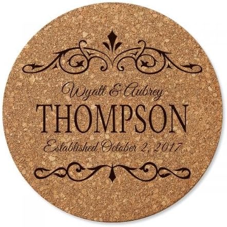 Lillian Vernon Personalized Established in Cork Trivet, Custom Engagement, Wedding, Tabletop Decor, Round, 7 inches x ½ inches