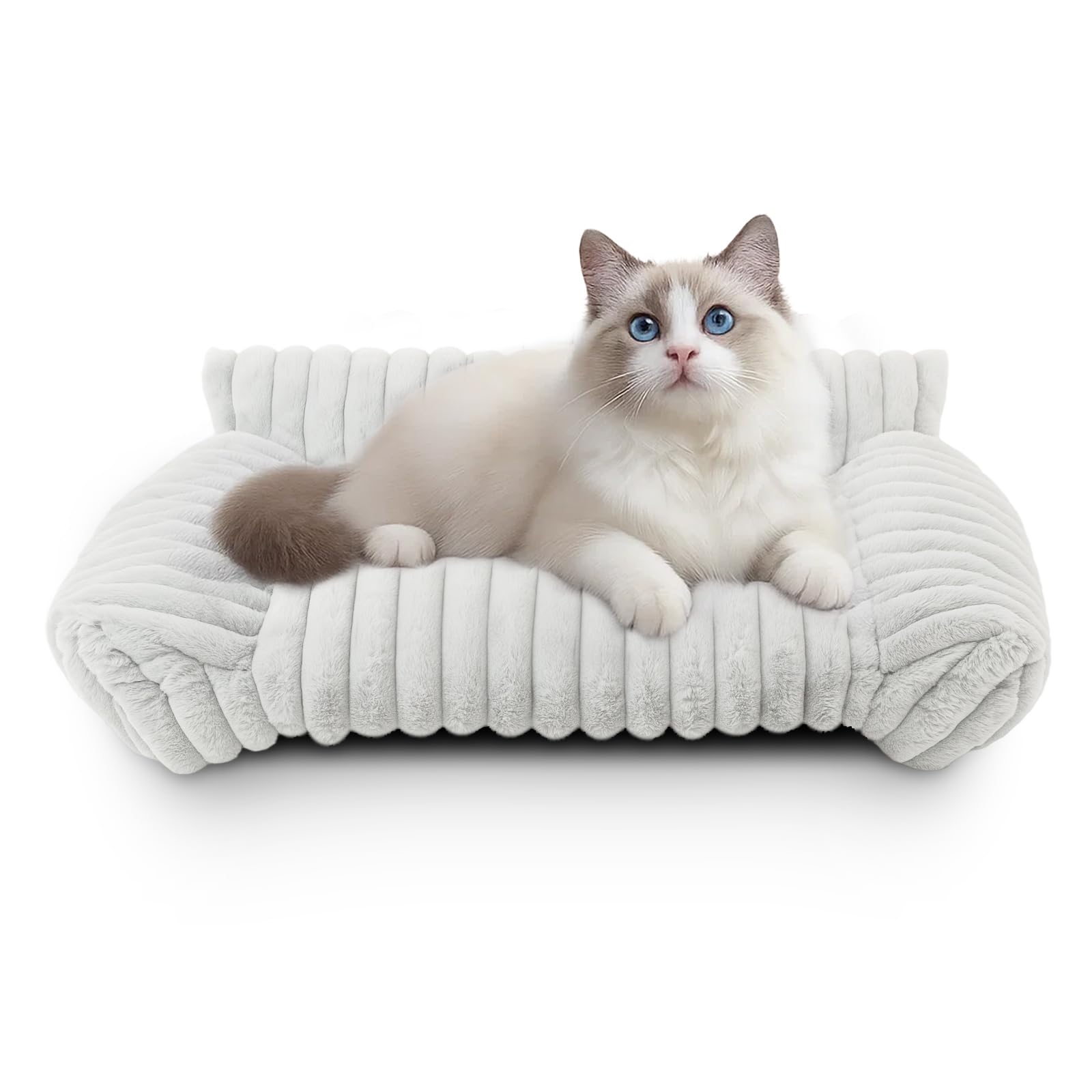 BREEZENEST Soft Plush Pet Sofa Bed for Cats & Small Dogs – Cozy Raised Cushion with Removable Cover, Non-Slip Bottom – Ideal for Indoor Lounging & Resting (White)