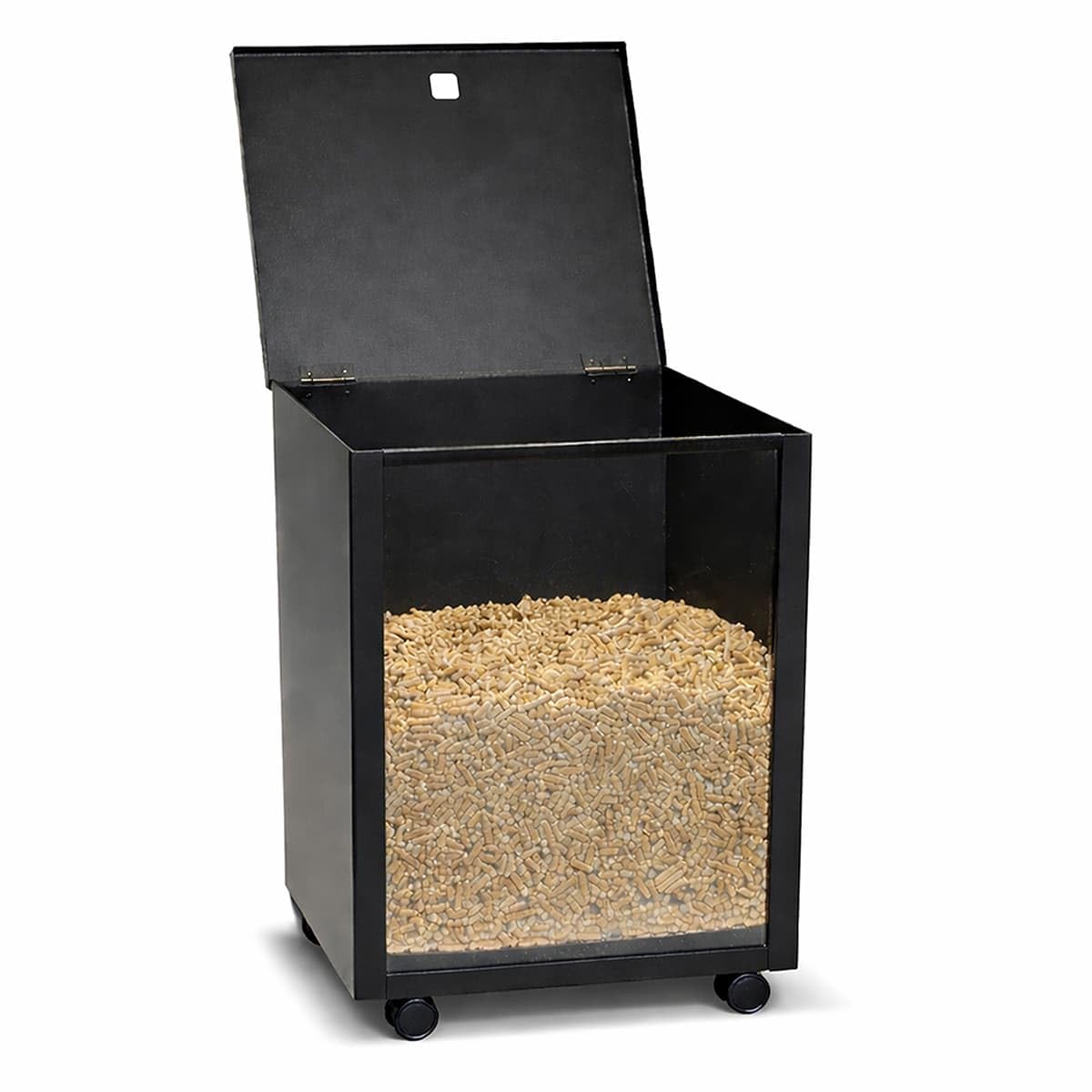 MS Beschläge Pellet Box in metallo nero con ruote e parabrezza, contenitore mobile per pellet con coperchio, per stufa a pellet e camino, robusto carrello a pellet per pellet di legno fino a 35 kg