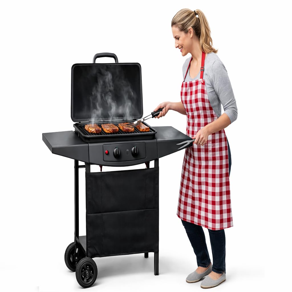 BAKAJI Barbecue a Gas 2 Fuochi Bruciatori Griglia BBQ Doppio Bruciatore con 2 Ripiani Laterali e Ruote, Grill per Esterno ideale per Giardino Terrazzo Balcone, Dimensioni 98 x 44 x 100 cm