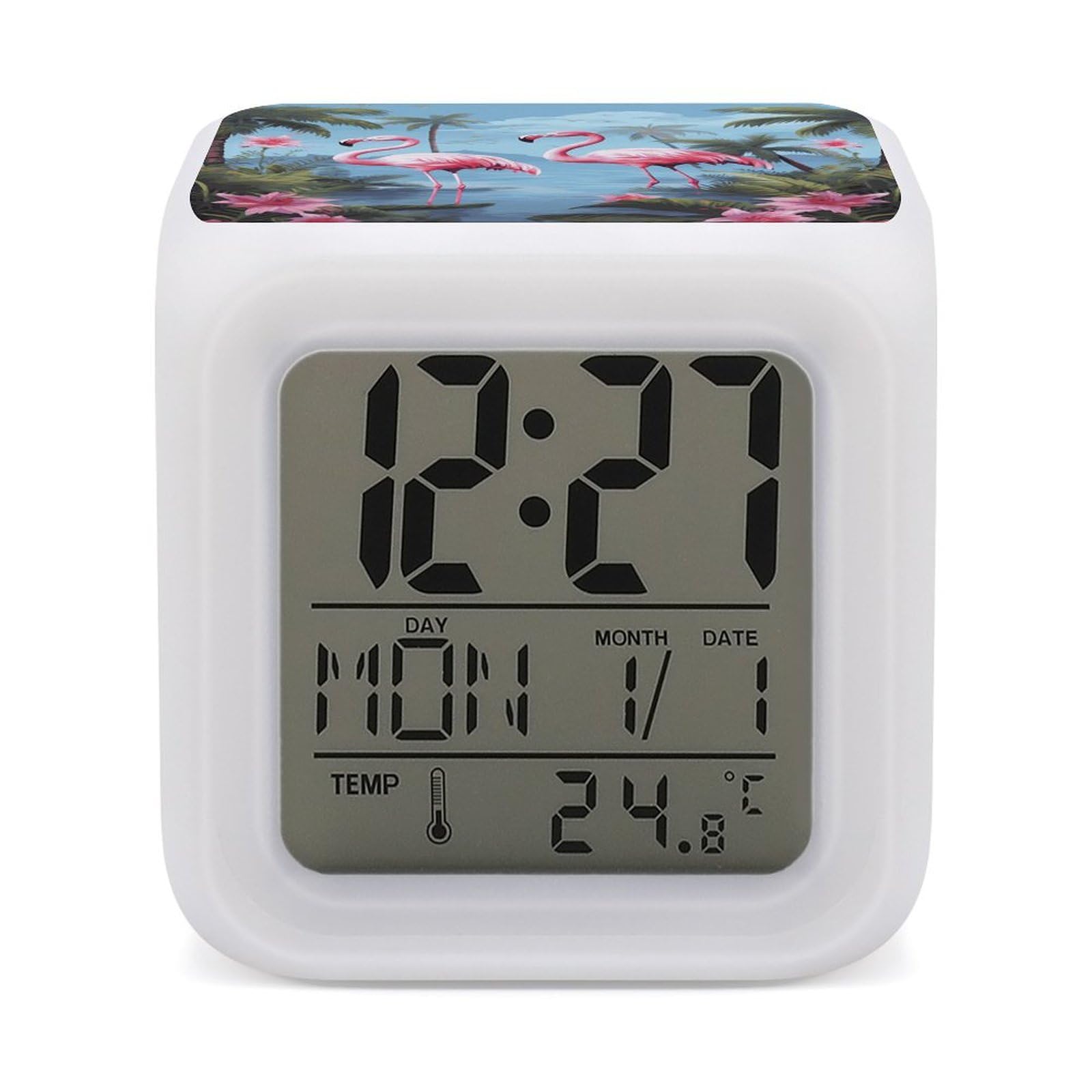 JTREHY 7 Color Changing LED Digital Alarm Clock,Tropical Flamingos Printed Wake-up Clock with Temperature Display Home Decoration Alarm Clock for Bedroom Office