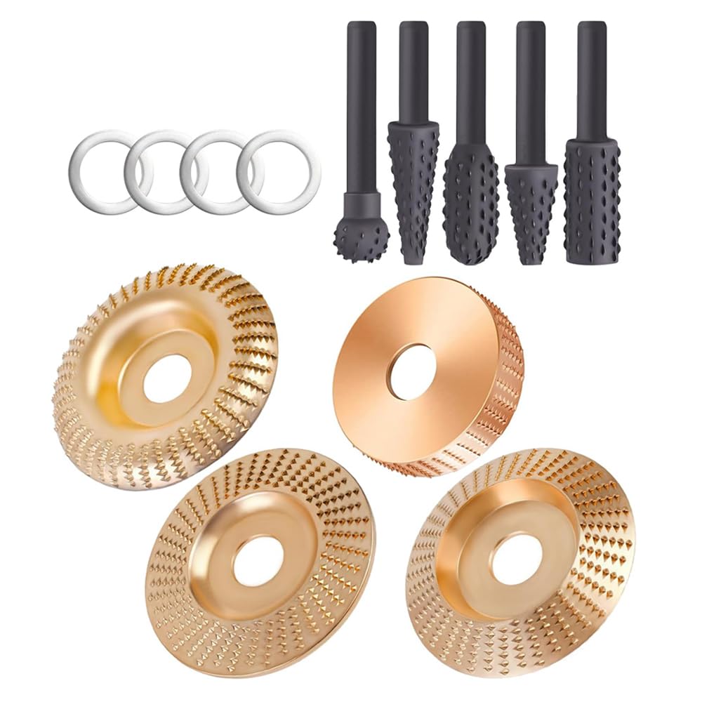 Kit de disques de sculpture sur bois pour meuleuse d'angle – Roues abrasives en acier au carbone pour façonner, meuler, bordure et finition, comprend 5 tampons de polissage