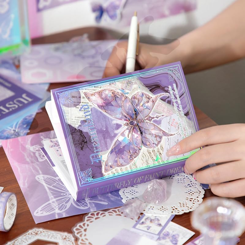 Image of GDNK Scrape Book Kit Scrapbooking Kit Vintage Journal Scrapbook Pack DIY Paper Stickers, Craft Kits Notebook, Collage Album Aesthetic Sticker Journaling Scrapbook Photo Album (Purple Butterfly)