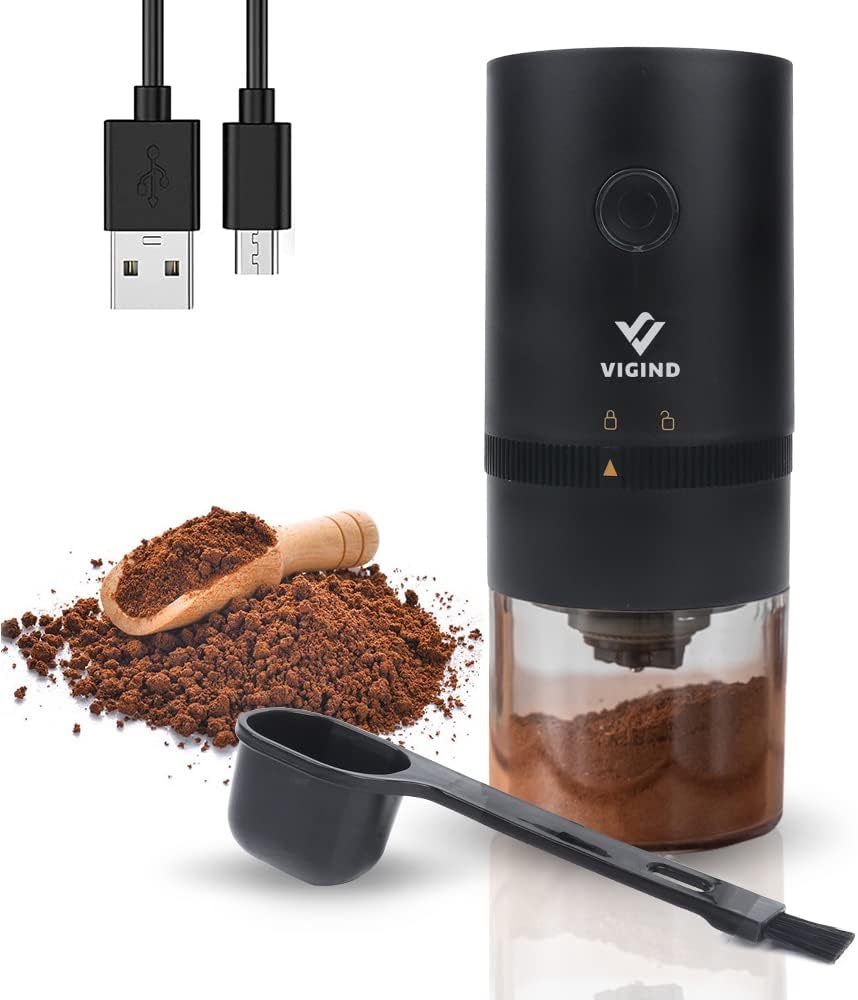Portable Electric Burr Coffee Grinder, coffee maker with grinder with Adjustable Settings, Burr Grinder with Multi Grind Setting, USB Rechargeable Simple Push Button Operation with a Spoon