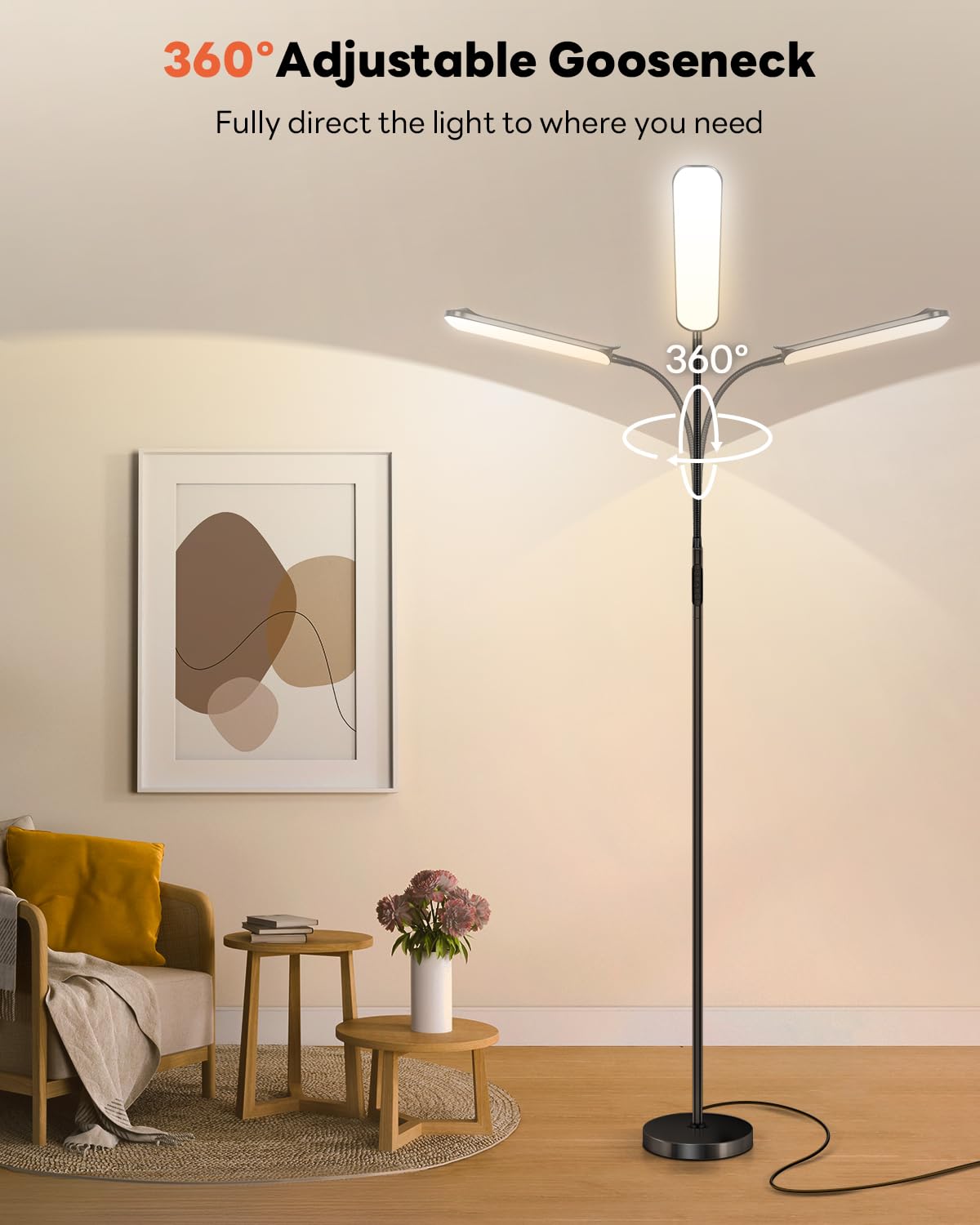 Lampa podłogowa LED 18 W, 1800LM ściemniana (2700K-6500K) Elastyczna łabędzia szyja, wysokość 175 cm, magnetyczne sterowanie i sterowanie dotykowe, lampa do czytania do salonu, czarna