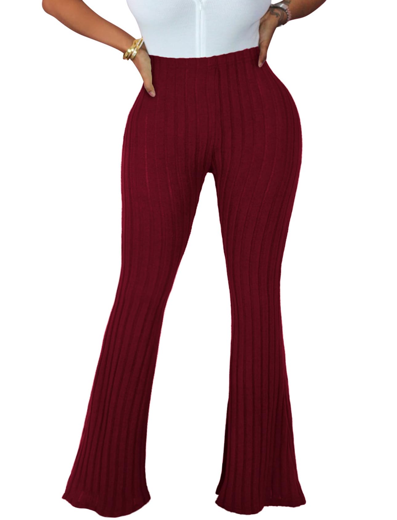 CXINS Womens Casual Solid Color Elastic High Waisted Knit Flared Bell Bottom Sweater Long Pants
