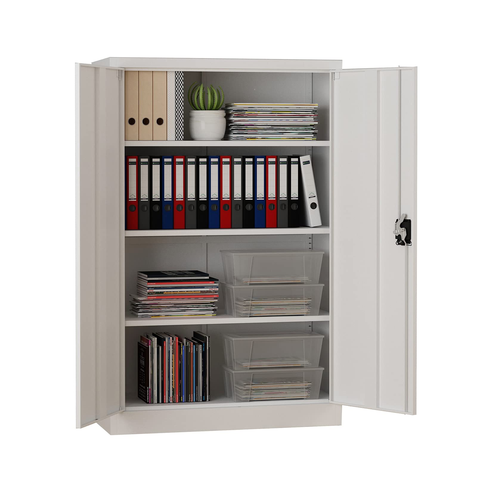 Midori Aktenschrank Metall abschließbar | 140 x 90 x 40 cm | Stahlschrank mit Zylinderschloss, 3 verstellbare Einlegeböden | Büroschrank mit Flügeltüren, pulverbeschichtet | Grau