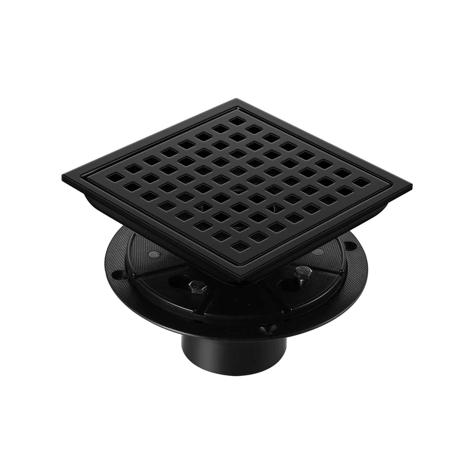 Shower Drain, Matte Black 6 inch Square Shower Floor Drain with Flange, Removeable Grid Panel SUS 304 Stainless Steel Square Shower Drain