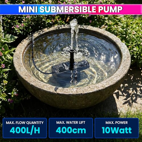 Image of amiciFlo Mini Submersible Pump 10W, 12V DC Brush-Less, BLDC Motor with 400L /H Flow Rate and 4m Lift for Fish Tank, Solar Fountain, etc. Adjustable Flow with LED Lights