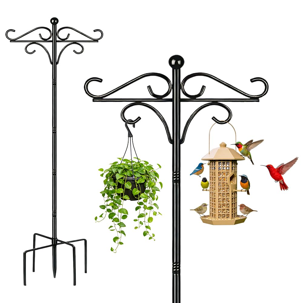 XPJBKC Bird Feeders Hanging Station, 193cm Bird Feeder Pole Metal with Double Crooks Hook, Free Standing Bird Feeding Stations Heavy Duty for Garden Outdoor Lantern Light