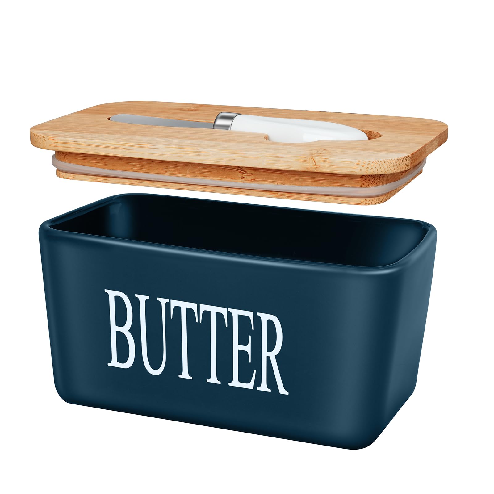 Butter Dish for 1 lb Brick of Local Canadian Butter, Airtight Porcelain Butter Keeper Hold an Entire Pound Butter, Ceramic Butter Container with Lid and Knife, Butter Storage, ADIVEE, Color:Navy