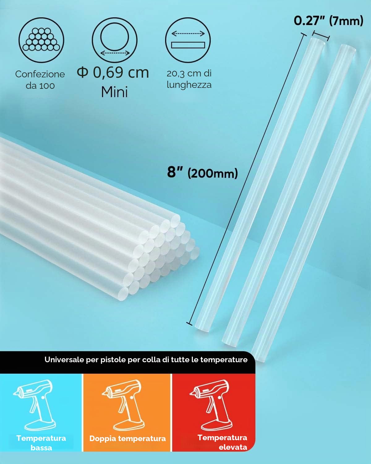 SHALL mini bastoncini di colla a caldo, 0,27" x 8" （7mm x 200mm）, confezione da 100 bastoncini trasparenti per pistola per colla a caldo, multiuso per bambini e adulti per il fai-da-te