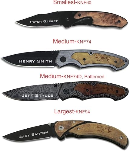 Miniatura 2 de Navaja de bolsillo personalizada con mango de madera grabado con láser con diseño de Buck y texto personalizado