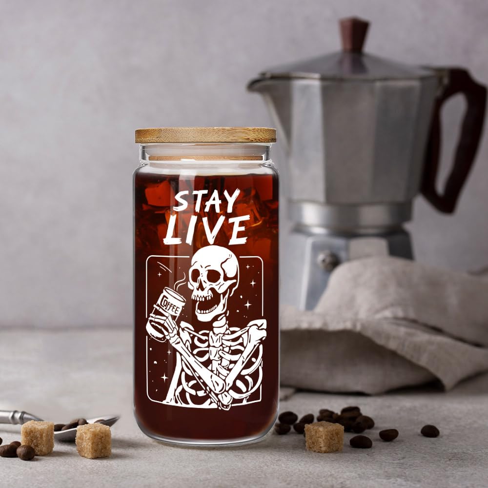 Enanaimg Funny Skeleton Glass Cups with Lids and Straws, Novelty Stay Live Cute Skull Coffee Mug Tumbler Cup, Skeleton Cup Gifts for Coffee Lover, Spooky Witch Witchy Birthday Gifts for Women 16OZ