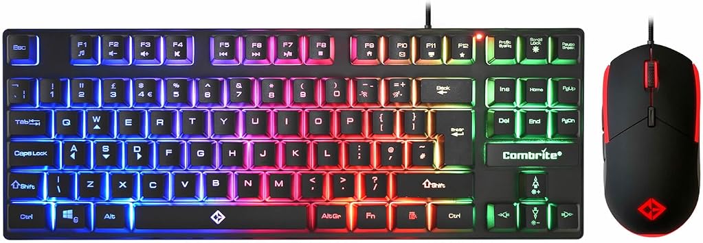 Falcon Gaming Keyboard And Mouse Set, TKL Compact Size, Rainbow LED Backlit, USB Wired Desktop Combo, UK Layout
