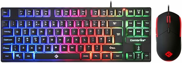 Combrite Falcon Gaming Keyboard And Mouse Set, TKL Compact Size, Rainbow LED Backlit, USB Wired Desktop Combo, UK Layout