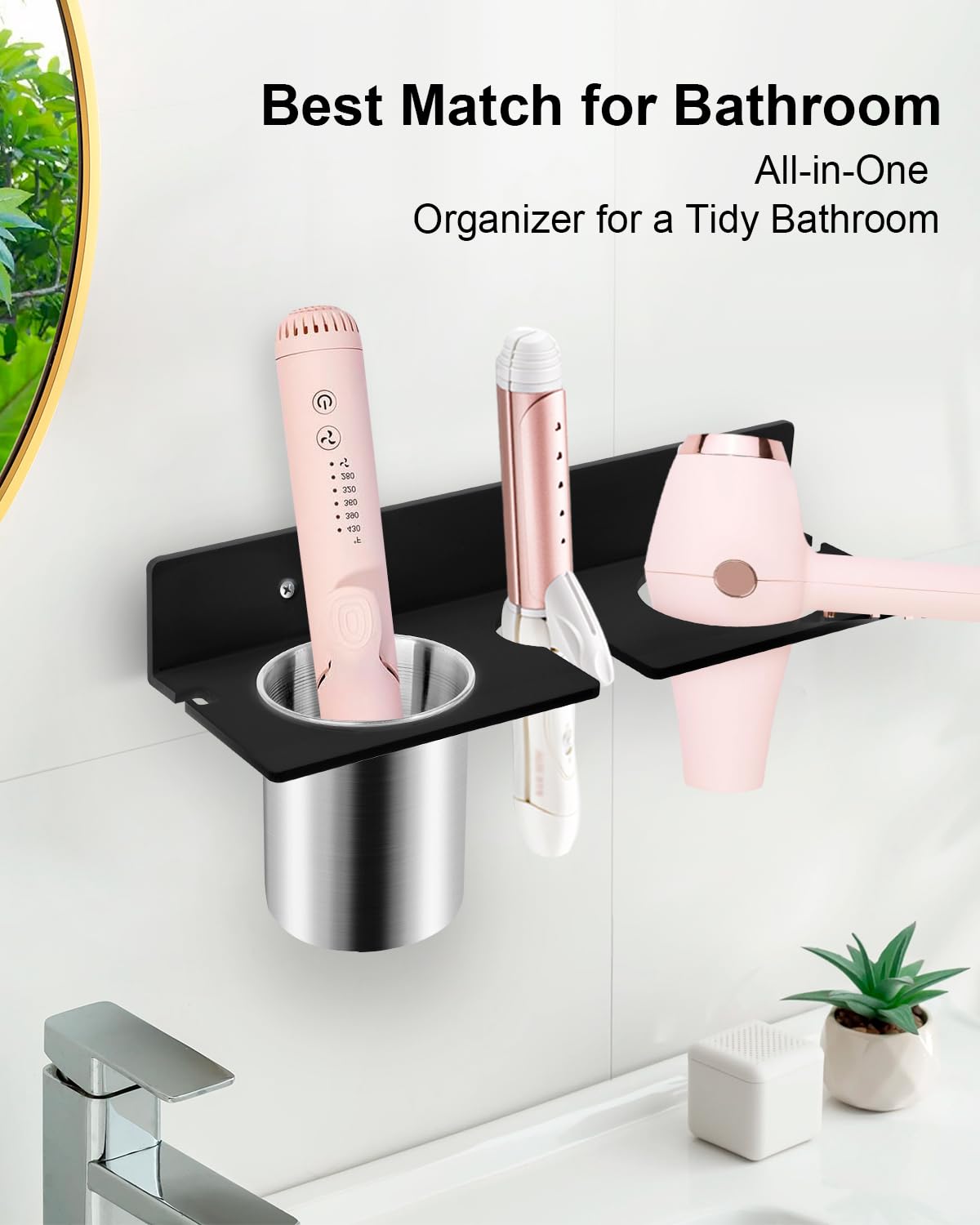 Soporte de pared para secador de pelo, organizador de herramientas para el cabello con vasos de acero resistentes al calor, soporte acrílico para secador de pelo, adhesivo o montaje de