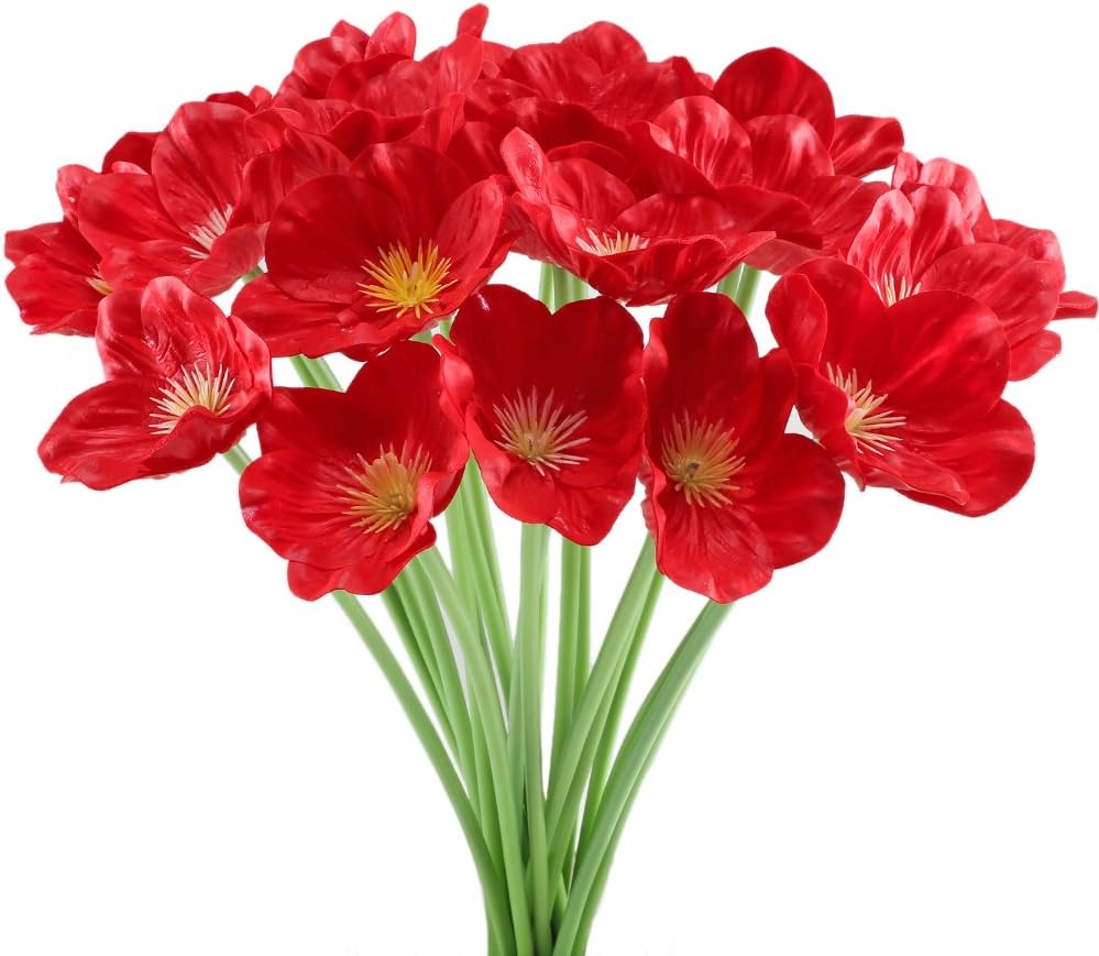 HUAESIN 20 Pcs Artificial Poppies Flowers Red Fake Poppy Silk Poppies Flowers Red Poinsettia Flower for Christmas Graves Indoor Outdoor Home Kitchen Dining Wedding Decor