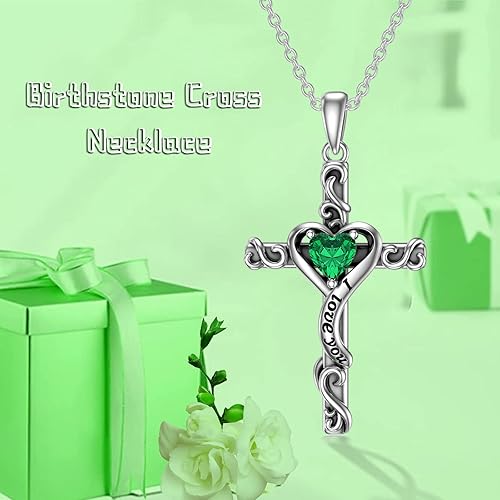 Vista 5 de TOUPOP - Collar de cruz con piedra natal para mujer, de plata de ley 925, con colgante de cruz en forma de corazón, joyería con texto "I Love You