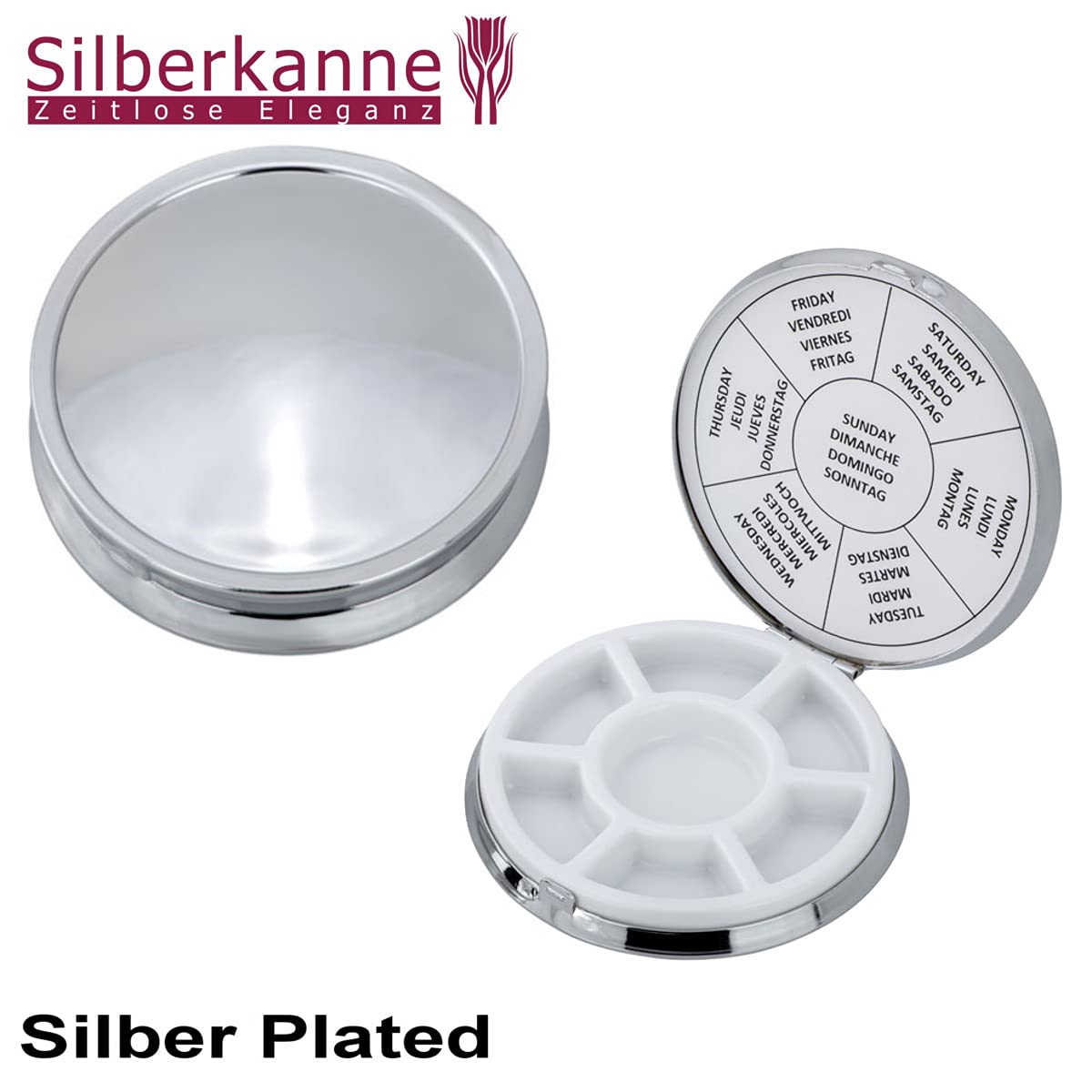 Pillendose 7 Fächer für 1 Woche Versilbert – Ø 8 cm – Premium Silver Plated Medikamentenbox – Edle Pillenbox für 7 Tage