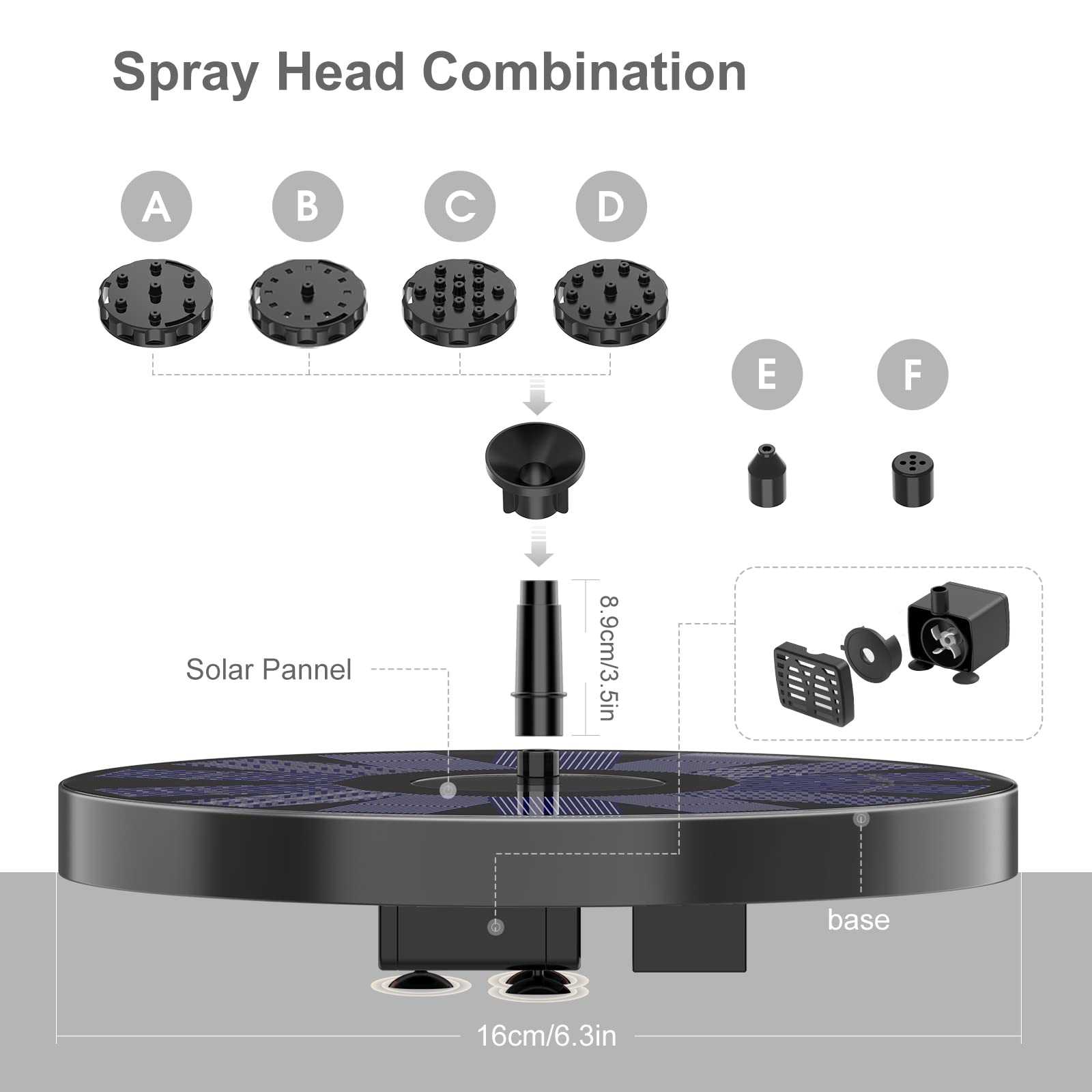 AMZtime Fuente Solar 2,5 W, Bebedero para Pájaros | Bebedero para Pájaros de Exterior, para Jardín y Baño de Pájaros, Fuente Solar de Fácil Instalación