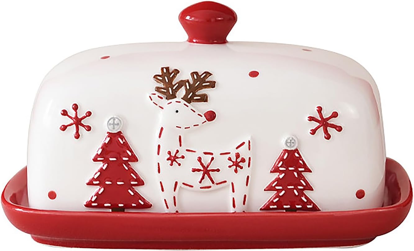 Christmas Butter Dish with Lid for Countertop, Christmas Ceramic Butter Box, Xmas Tree Reindeer Butter Tray Butter Keeper, Butter Container Butter Holder with Handle Cover for