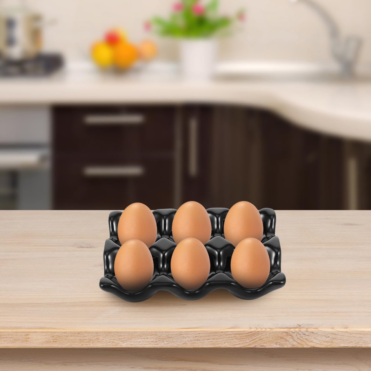Unomor 6-Slot Ceramic Egg Holder Matte Black Refrigerator Tray Lightweight Household Organizer for Boiled Eggs and Appetizers Kitchen Storage