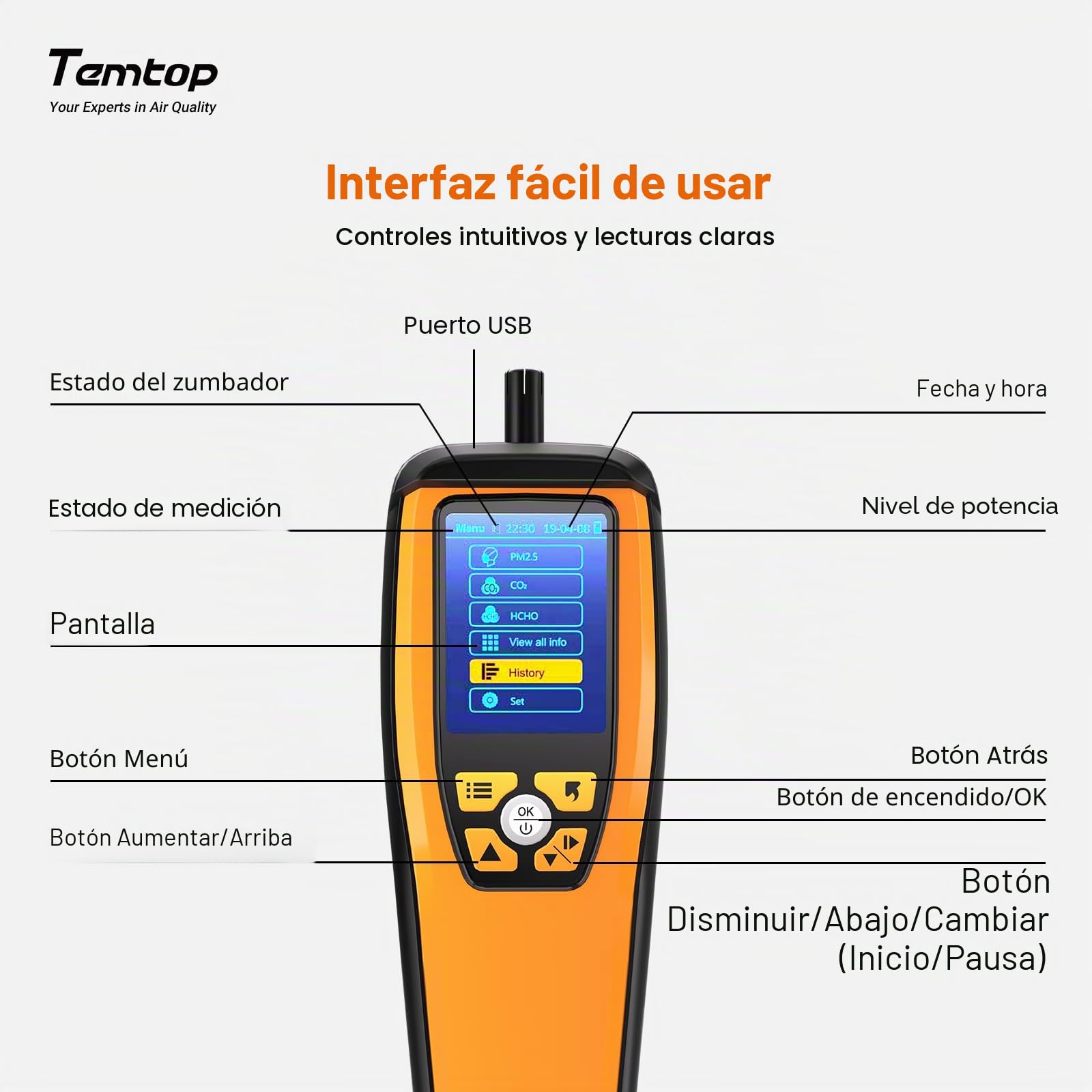 Temtop M2000 2nd Monitor de Calidad del Aire para PM2.5 PM10 Partículas Temperatura CO2 Humedad configurable Alarma de Audio Grabación Curva Fácil Calibración (M2000 2end)