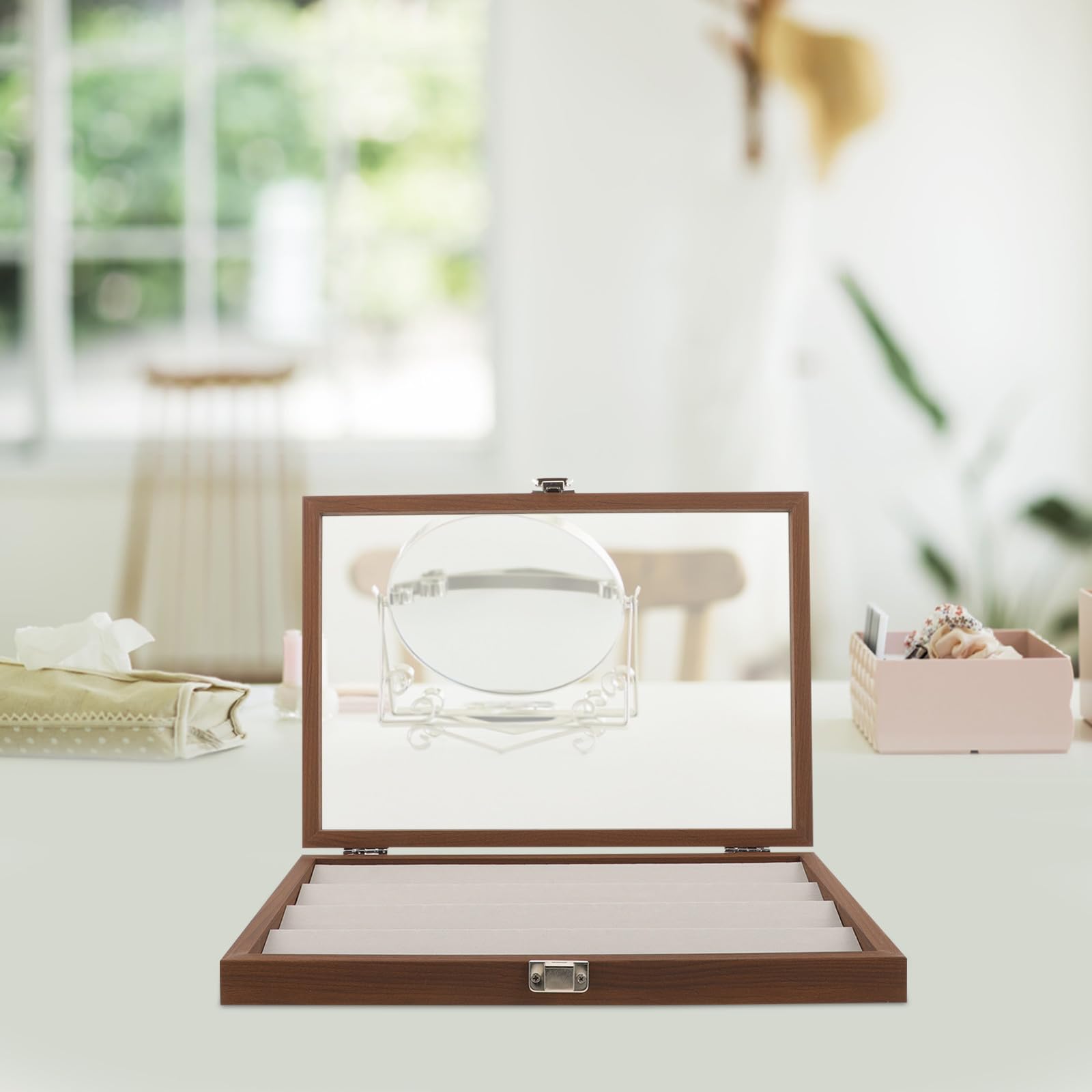 Amosfun Joyero de Madera Multifuncional 360x251x50mm para Exhibir y Organizar Anillos, Pendientes y Collares, Contenedor de Exhibición de Joyas Práctico y Compacto para Uso Diario